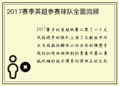 2017赛季英超参赛球队全面回顾