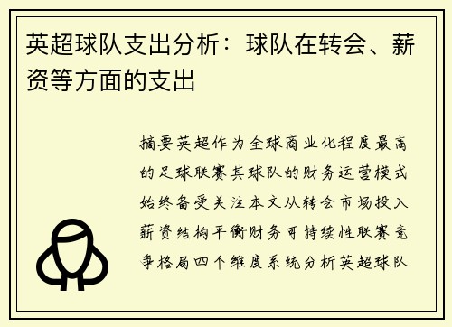 英超球队支出分析：球队在转会、薪资等方面的支出