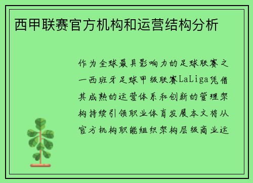 西甲联赛官方机构和运营结构分析